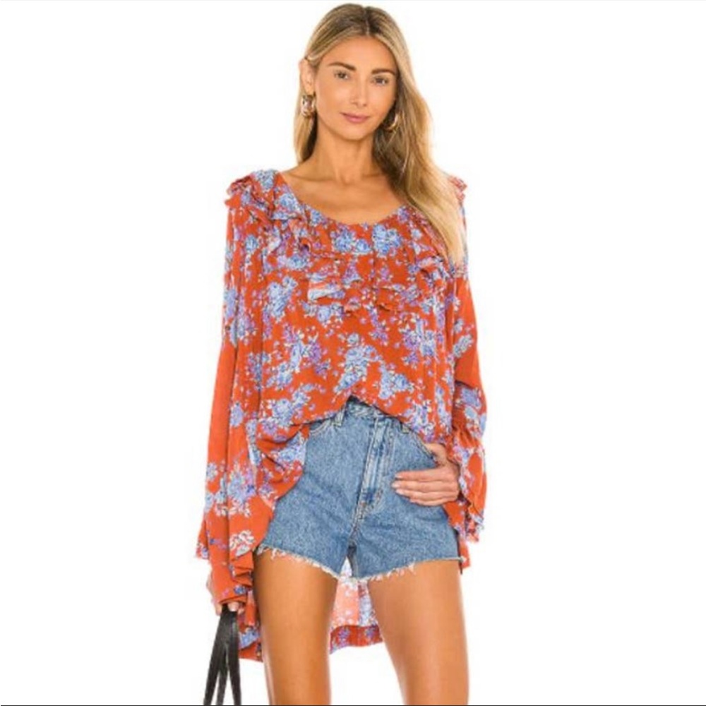 Free People Lorretta pop Print Tunic blouse long sleeve floral ruffle oversized - Picture 15 of 15